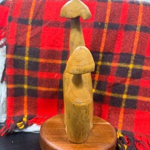 Vintage Signed & Numbered Hand Carved Elm Wood Double Mushroom Sculpture Carving